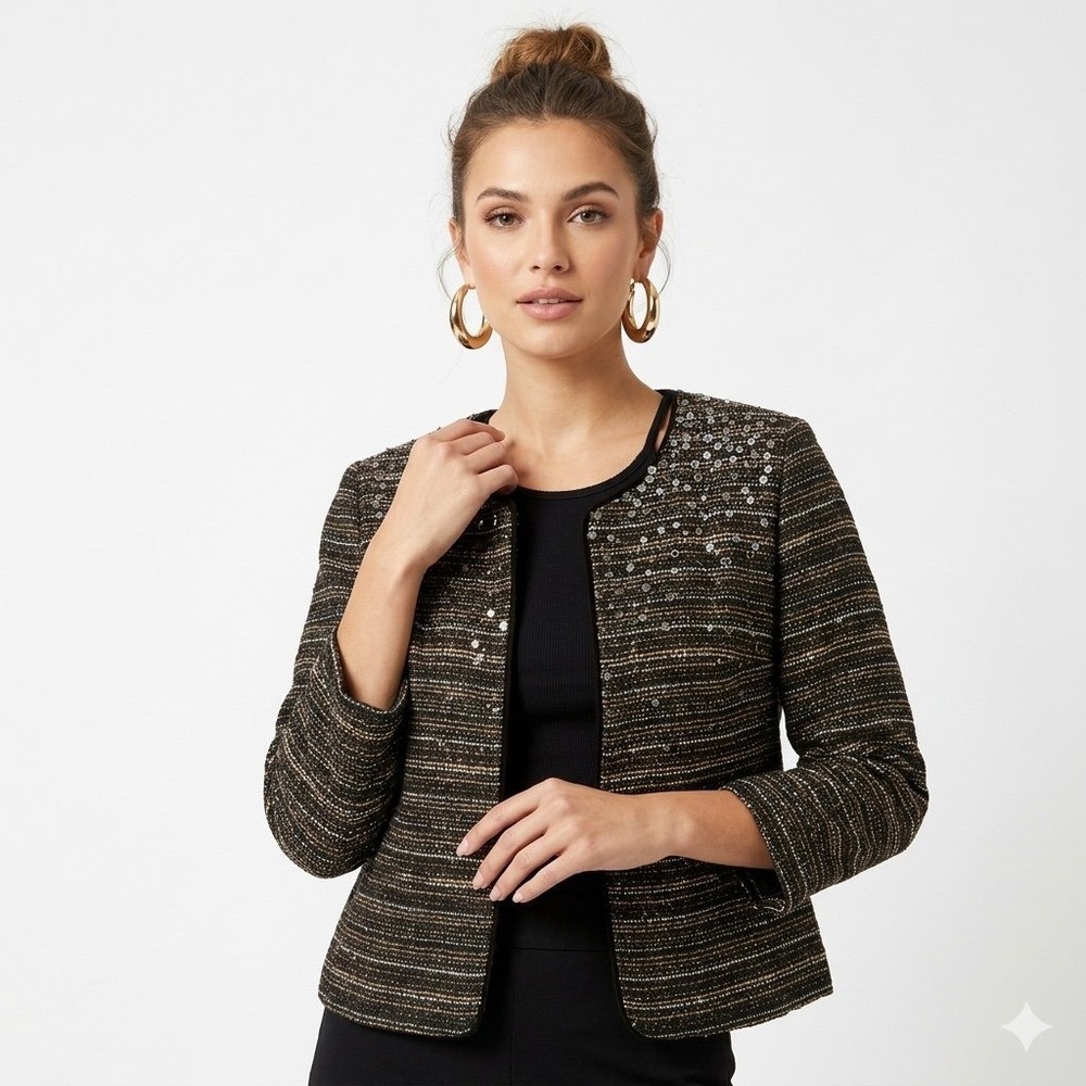 NWT Pleione Studded Tweed Jacket Embellished Open Front Black Gold Extra Small